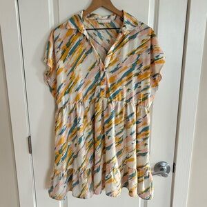 Karlie Abstract Colorful Flowy Loose Collared Short Sleeve Mini Dress Size L